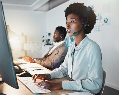 Buy stock photo Customer support team, communication and computer consultant on telecom microphone, CRM software or IT customer service. Contact us call center, flare light and telemarketing black people consulting
