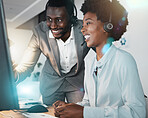 Customer support team, communication and computer consultant on telecom microphone, CRM software or IT customer service. Contact us call center, flare light and telemarketing black people consulting