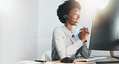 Buy stock photo Call center, black woman and smile with headphones, office and customer service for consulting help at job. Woman, crm expert and customer support by computer, focus and telemarketing work in Atlanta