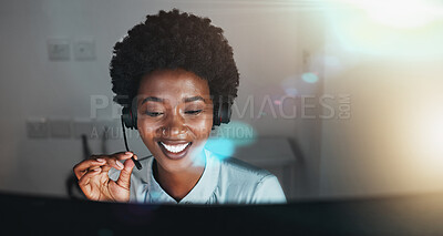 Buy stock photo Call center, customer service and support with a business black woman using a headset for telemarketing or sales. Contact, crm and retail with a female consultant or employee working in her office