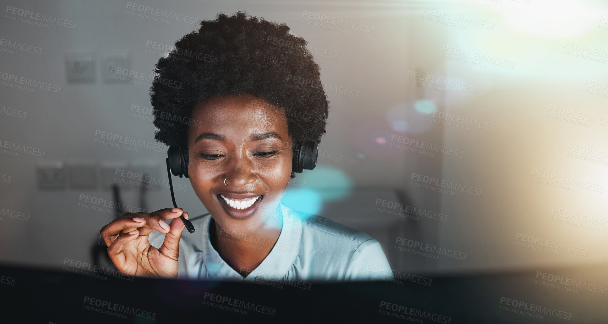 Buy stock photo Call center, customer service and support with a business black woman using a headset for telemarketing or sales. Contact, crm and retail with a female consultant or employee working in her office