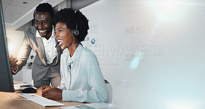 Buy stock photo Call center, teamwork mockup and business people success in telemarketing, customer service management or computer tech in office. Black man, happy woman and sales planning, review or online solution