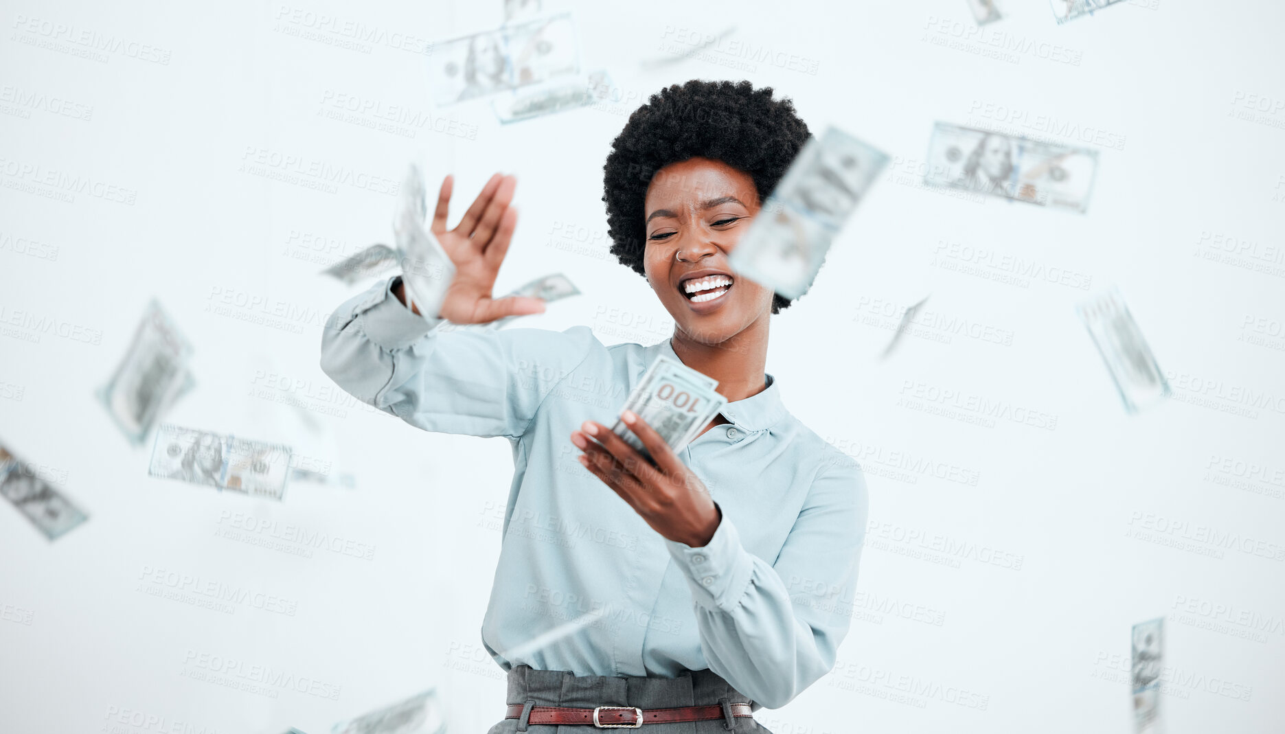 Buy stock photo Money, cash and business black woman in studio wealth, bonus and investment success with finance, profit and savings. Lottery, winner and salary of an african corporate employee for financial freedom