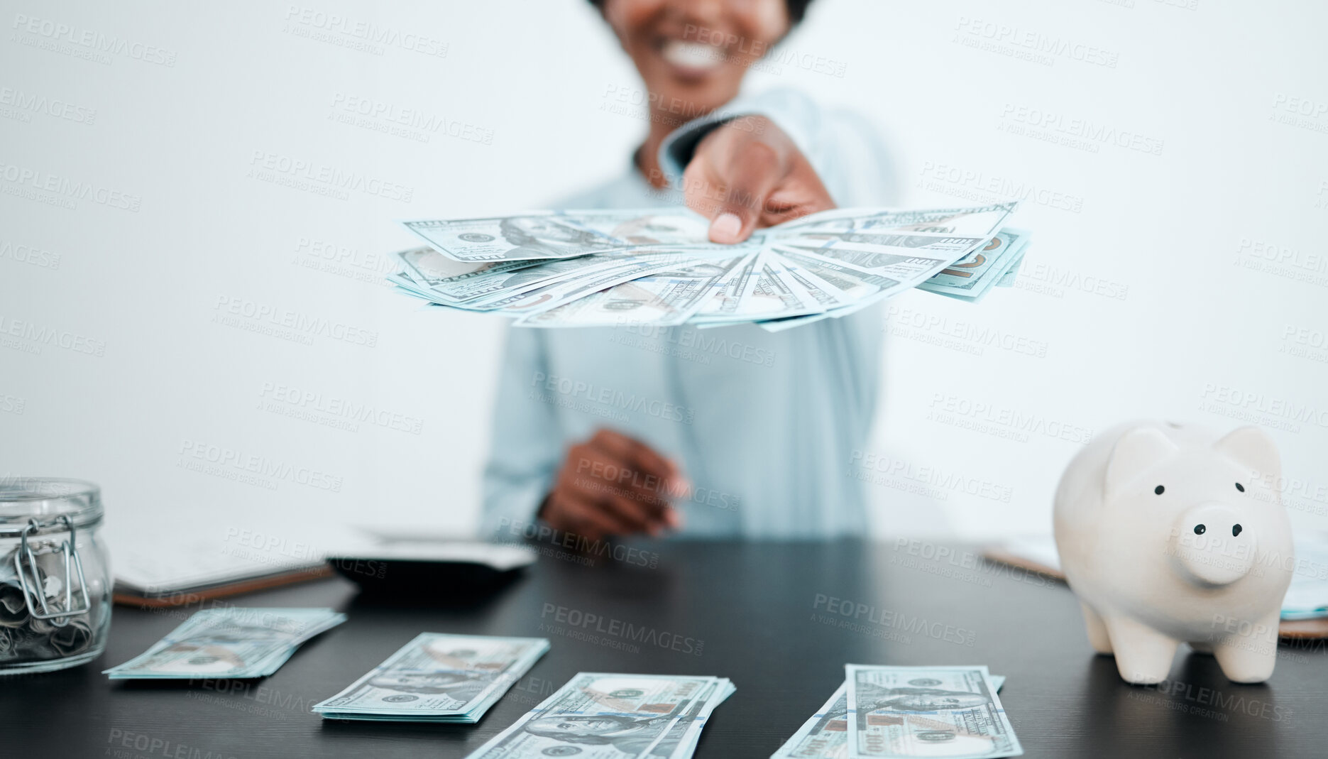 Buy stock photo Hand, dollars and black woman with money for payment, financial investment or bribe in office. Currency, finance or business woman offering cash for banking, deal or savings, loan or money laundering