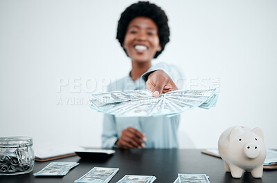 Buy stock photo Hand, dollars and black woman with money for payment, financial investment or bribe in office. Portrait, finance or business woman offering cash for banking, deal or savings, loan or money laundering