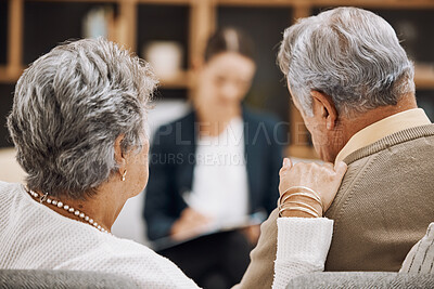 Buy stock photo Counseling, senior couple and psychology consultation with therapist for advice, help or support. Back view, old man and elderly woman talking to psychologist, therapy service and marriage consulting