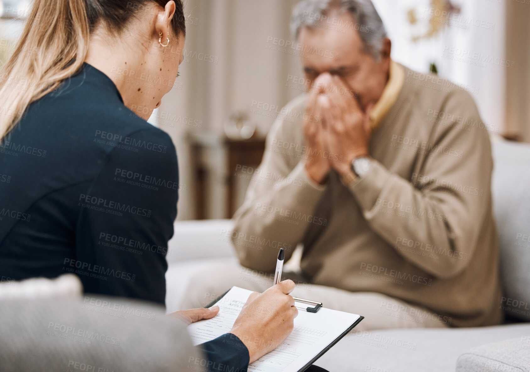 Buy stock photo Psychology, senior man and therapist writing, consulting and patient emotional. Psychologist, mature male and counselor make notes, help and advice for grief, anxiety, depression and mental health