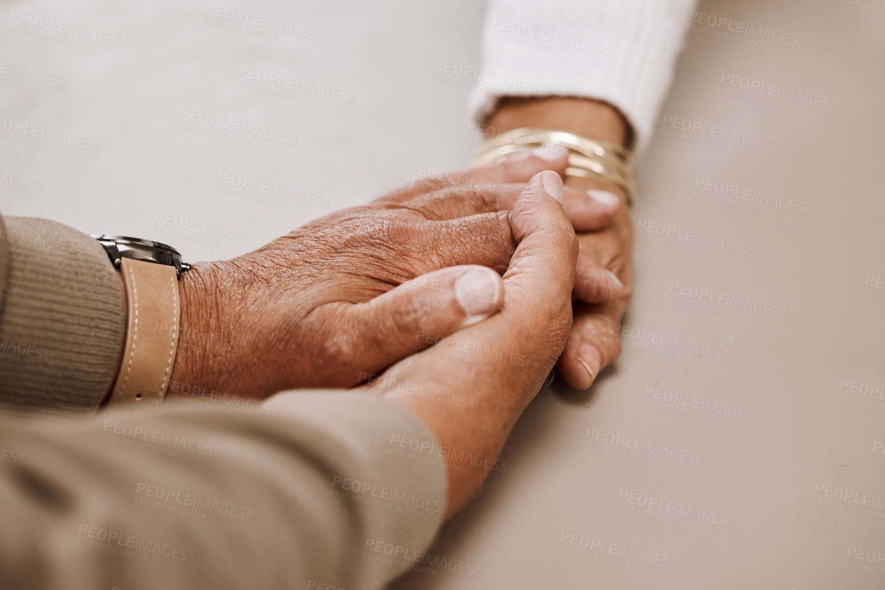 Buy stock photo Support, trust and holding hands, senior couple in therapy or marriage counselling session. Love, care and understanding between elderly man and woman together in hope, empathy and help in retirement