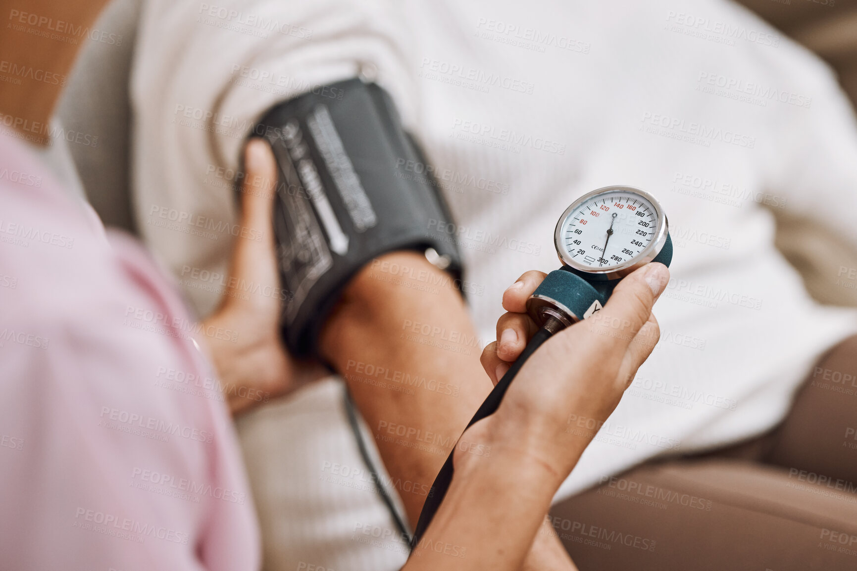 Buy stock photo Blood pressure, hypertension and nurse with patient to check diabetes, healthcare consulting and service in clinic. Closeup hands of woman doctor measure arm pulse, medical test and heart wellness 