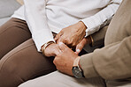 Support, trust and holding hands, senior couple in therapy or marriage counselling session. Love, care and understanding between elderly man and woman together in hope, empathy and help in retirement