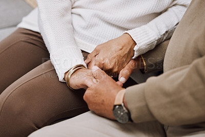 Buy stock photo Support, trust and holding hands, senior couple in therapy or marriage counselling session. Love, care and understanding between elderly man and woman together in hope, empathy and help in retirement