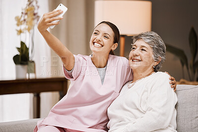 Buy stock photo Selfie, nurse and healthcare with a woman carer and senior patient taking a picture in a nursing home together. Phone, medical and social media with a female caregiver and eldery resident in a house