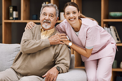 Buy stock photo Healthcare, support and doctor with a senior man for medical attention, consulting and nursing from a house. Trust, hug and portrait of a caregiver with support for an elderly patient in retirement