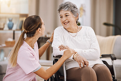 Buy stock photo Wheelchair disability, rehabilitation and nurse volunteer at nursing home for charity work. Healthcare, support and caregiver with senior women for medical help, elderly care and consulting patient