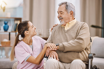Buy stock photo Healthcare, disability and man in wheelchair with nurse in retirement or nursing home with smile on face. Senior care, happy disabled grandpa and woman caregiver in living room at home in Mexico