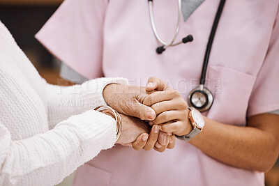 Buy stock photo Support, empathy and nurse holding hands with patient for compassion, trust and comfort from medical results. Insurance, healthcare and female doctor with senior woman for sympathy in consultation