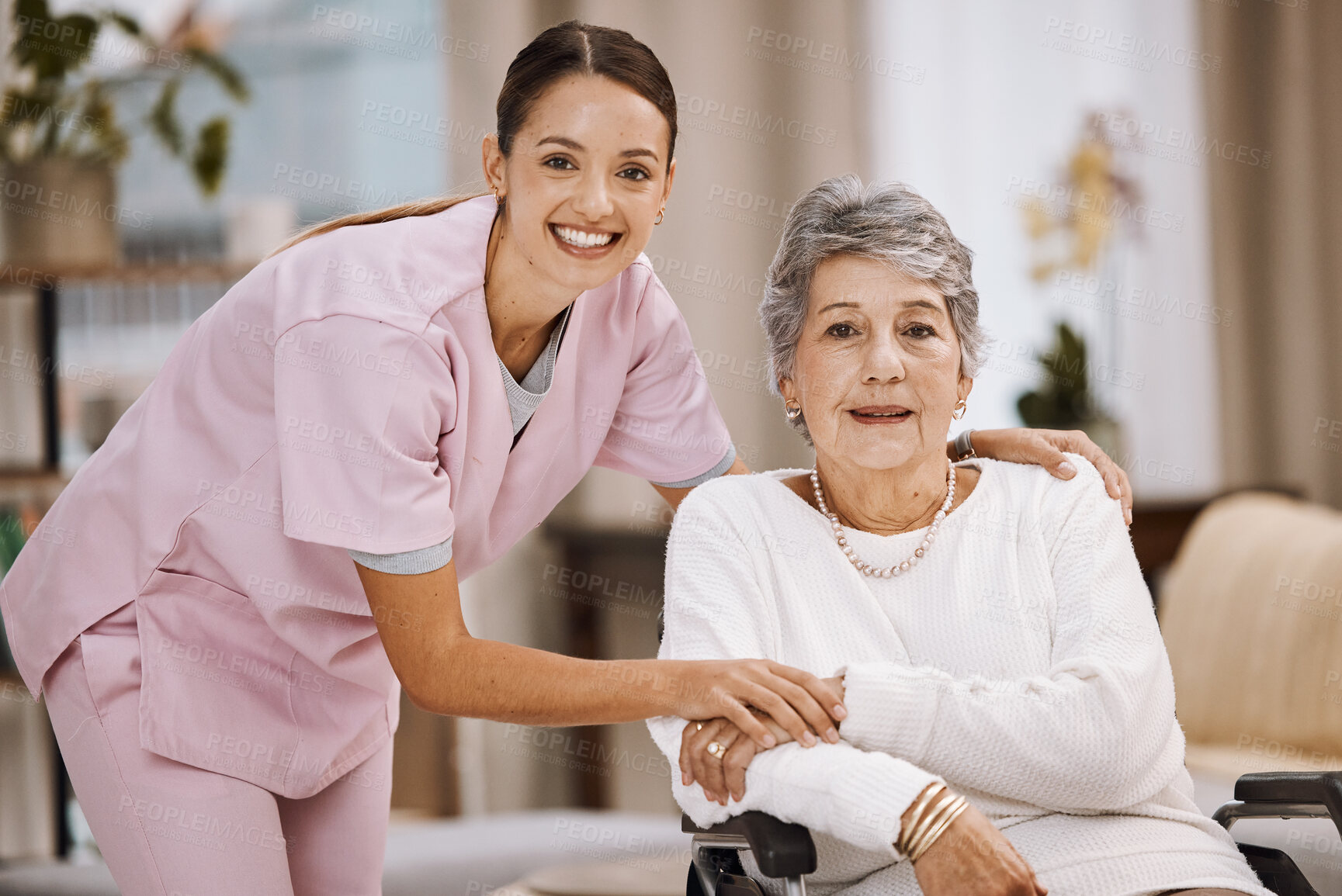 Buy stock photo Women, senior or wheelchair support in nursing home, house living room or wellness rehabilitation clinic. Portrait, smile or happy healthcare nurse with retirement elderly in disability mobility aid