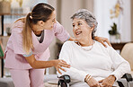 Healthcare, support and caregiver with senior woman for medical help, elderly care and consulting patient.  Wheelchair disability, rehabilitation and nurse volunteer at nursing home for charity work