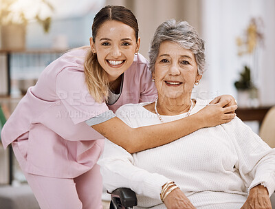 Buy stock photo Women portrait, senior or wheelchair support in nursing home, house living room or wellness rehabilitation clinic. Smile, happy or healthcare nurse with retirement elderly in disability mobility aid