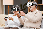 Virtual reality, gaming and senior couple on sofa in living room having fun. Vr gamer, metaverse and retired elderly man and woman playing futuristic, 3d and ai games with controller while relaxing.