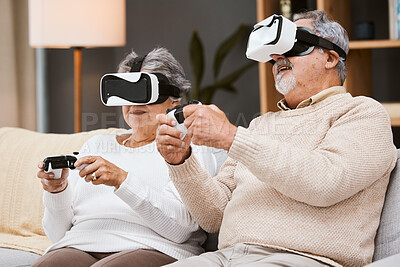 Buy stock photo Virtual reality, gaming and senior couple on sofa in living room having fun. Vr gamer, metaverse and retired elderly man and woman playing futuristic, 3d and ai games with controller while relaxing.