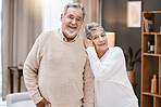 Love, portrait or old couple hug in house living room enjoying quality bonding time in happy marriage commitment. Trust, support or elderly woman in romantic partnership with an old man in retirement