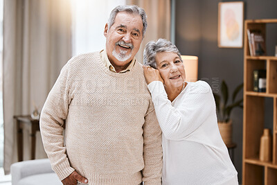 Buy stock photo Love, portrait or old couple hug in house living room enjoying quality bonding time in happy marriage commitment. Trust, support or elderly woman in romantic partnership with an old man in retirement