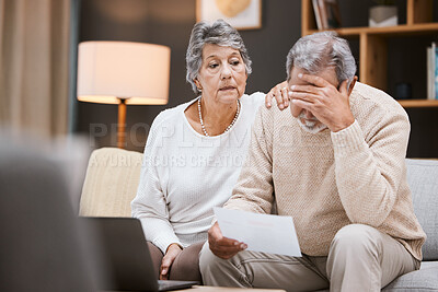 Buy stock photo Stress, finance and senior couple planning retirement, mortgage anxiety and sad about pension paperwork. Depression, audit and elderly man and woman with a financial crisis and insurance mistake