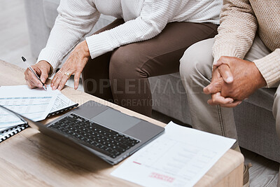 Buy stock photo Laptop, budget and senior couple in living room for retirement research, investment planning or asset management. Elderly people hands, writing finance data for loan, mortgage and financial documents