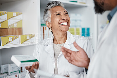 Buy stock photo Medicine, pharmacy and pills with woman and customer in store for consulting, shopping and help. Sale, healthcare and advice with pharmacist and patient for product, retail and treatment prescription