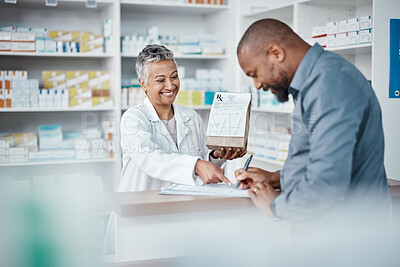 Buy stock photo Medicine, shopping or pharmacist with customer writing personal or medical information in pharmacy. Consulting, pills or happy senior doctor helping or speaking to black man or sick African customer