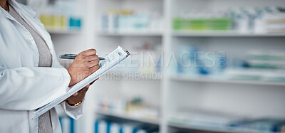 Buy stock photo Woman, hands or pharmacy clipboard writing for medical stock check, medicine product research or pills prescription order. Zoom, pharmacist or healthcare worker with paper documents in retail store