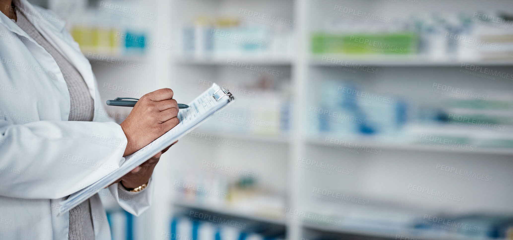 Buy stock photo Woman, hands or pharmacy clipboard writing for medical stock check, medicine product research or pills prescription order. Zoom, pharmacist or healthcare worker with paper documents in retail store