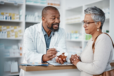 Buy stock photo Pharmacy, black man and woman with healthcare medicine and conversation for instructions. Pharmacist, female patient and medical professional talking, stress and explain for customer and frustrated.