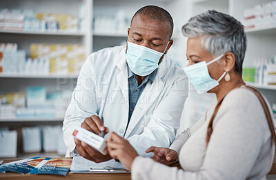 Buy stock photo Covid, pharmacy or doctor with medicine for old woman or sick senior patient in face mask shopping for pills or drugs. Healthcare, coronavirus or pharmacist talking, helping or giving medical advice 