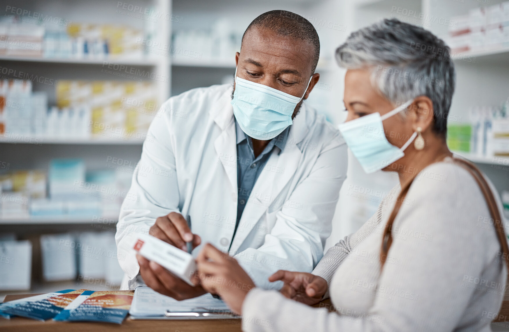 Buy stock photo Covid, pharmacy or doctor with medicine for old woman or sick senior patient in face mask shopping for pills or drugs. Healthcare, coronavirus or pharmacist talking, helping or giving medical advice 