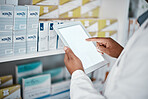 Medicine, mockup or hands of pharmacist with a tablet on pharmacy database online for drugs stock or inventory. Pills, marketing space or doctor working on healthcare research on ui digital screen 