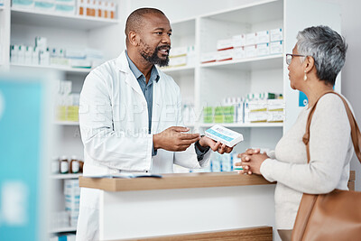 Buy stock photo Healthcare, pharmacist and woman at counter with medicine or prescription drugs purchase at drug store. Health, wellness and medical insurance, black man and customer at pharmacy for advice and pills