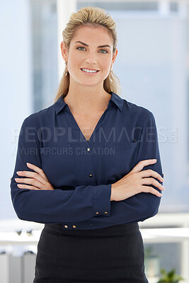 Buy stock photo Success, leadership and portrait of business woman with crossed arms for motivation, mission and corporate vision. Ceo, manager and female entrepreneur with confidence, ideas and goals in workplace