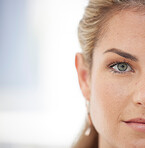 Portrait, half face and woman with mockup space for vision, ideas or plans for a business. Cosmetic, makeup and natural face of a beautiful professional lady with a blurred background with copy space