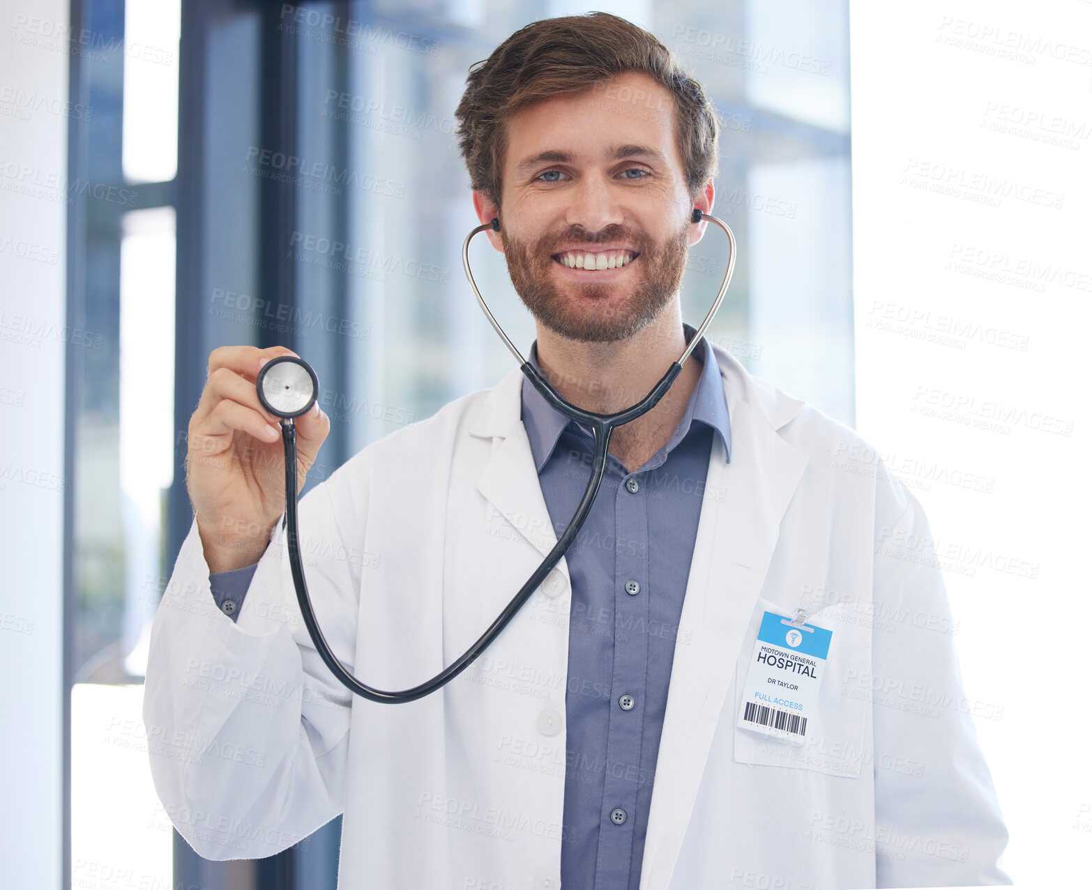 Buy stock photo Cardiology doctor and portrait of man at hospital with expert stethoscope for medical evaluation. Healthcare, cardiologist and professional worker with equipment for heart health consulting.

