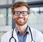 Medical, smile and glasses with portrait of doctor for consulting, medicine and surgery in hospital. Healthcare, wellness and vision with face of man in clinic for cardiology, innovation and goals