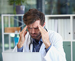 Headache, burnout or doctor with stress in a hospital thinking of emergency, medical deadline or pressure. Migraine, man or healthcare worker frustrated with mental health problems or work anxiety 