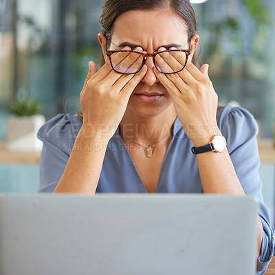 Buy stock photo Tired corporate woman, laptop and eye pain with hands, glasses and stress at desk in finance office. Burnout, executive leader and headache by computer with mental health, problem or anxiety in Dubai