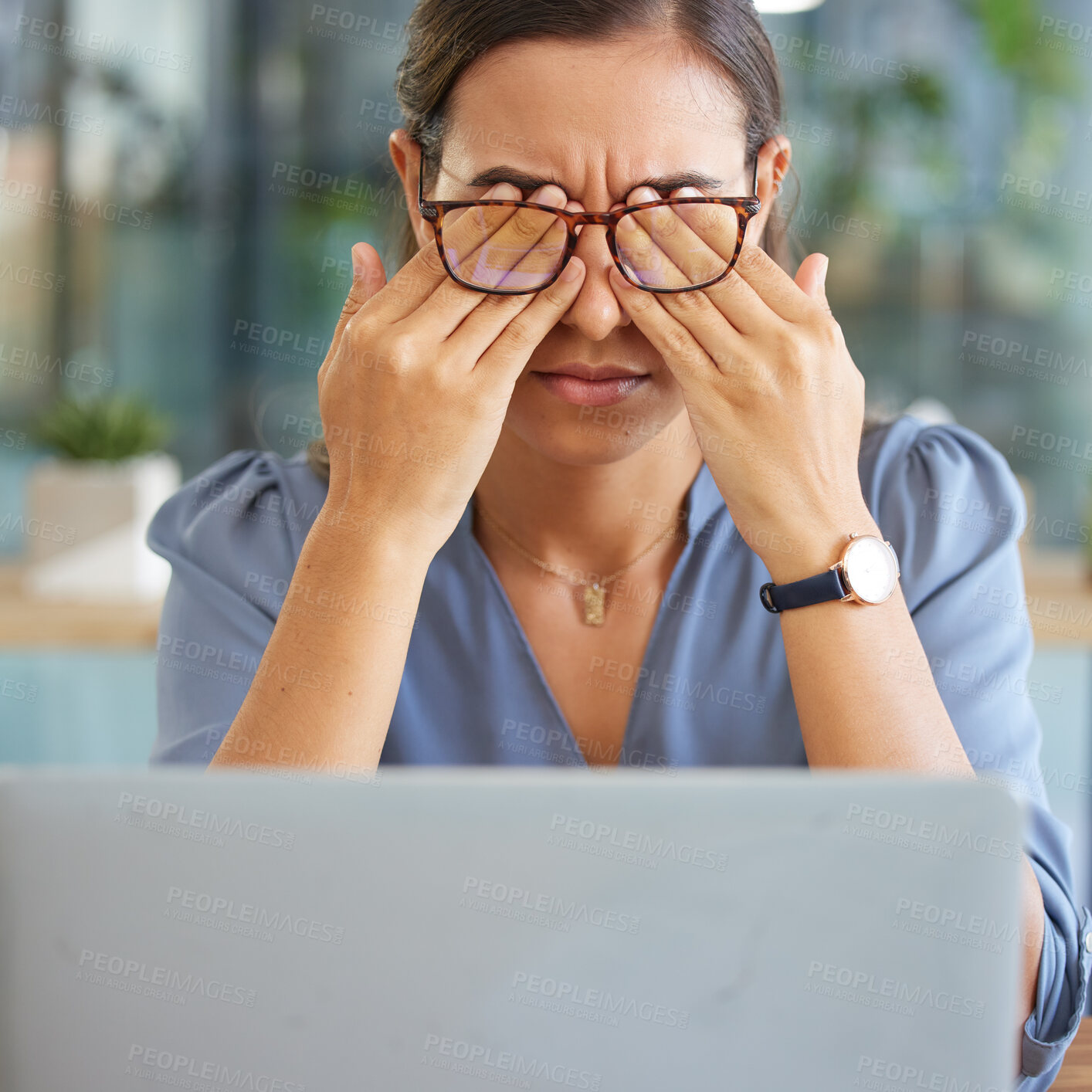 Buy stock photo Tired corporate woman, laptop and eye pain with hands, glasses and stress at desk in finance office. Burnout, executive leader and headache by computer with mental health, problem or anxiety in Dubai