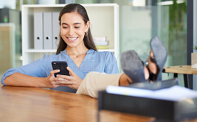 Buy stock photo Phone, relax and office woman typing social media post for digital marketing, online advertising or doing internet web search. Girl writing blog article, business email or contact social network user