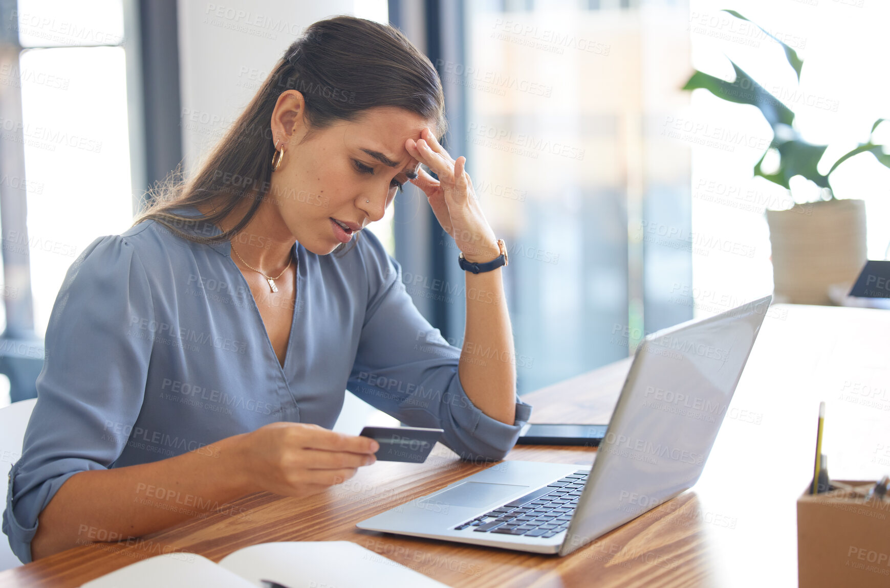 Buy stock photo Credit card, stress or business woman with anxiety from banking fraud, financial problem or ecommerce scam. Password error, bankruptcy or sad worker frustrated with declined online payment or debt 