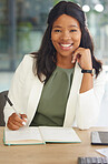 Writing, portrait and business black woman with notebook at her office desk for Human Resources planning, strategy and time management. Schedule, planner and african corporate worker with hr ideas