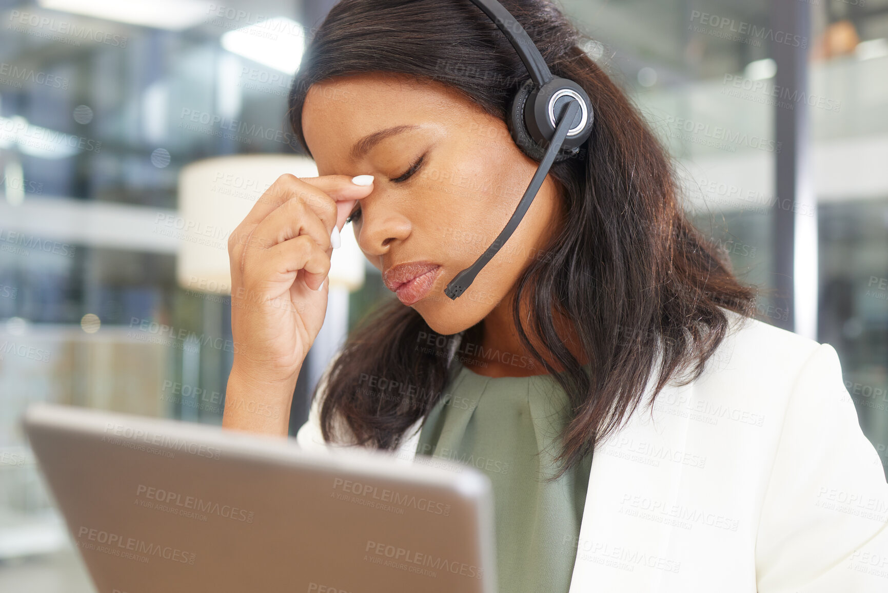 Buy stock photo Headache, anxiety and call center woman on laptop with telemarketing stress, fail or mental health problem. Depression, burnout or tired tech financial advisor or consultant frustrated, angry or sad