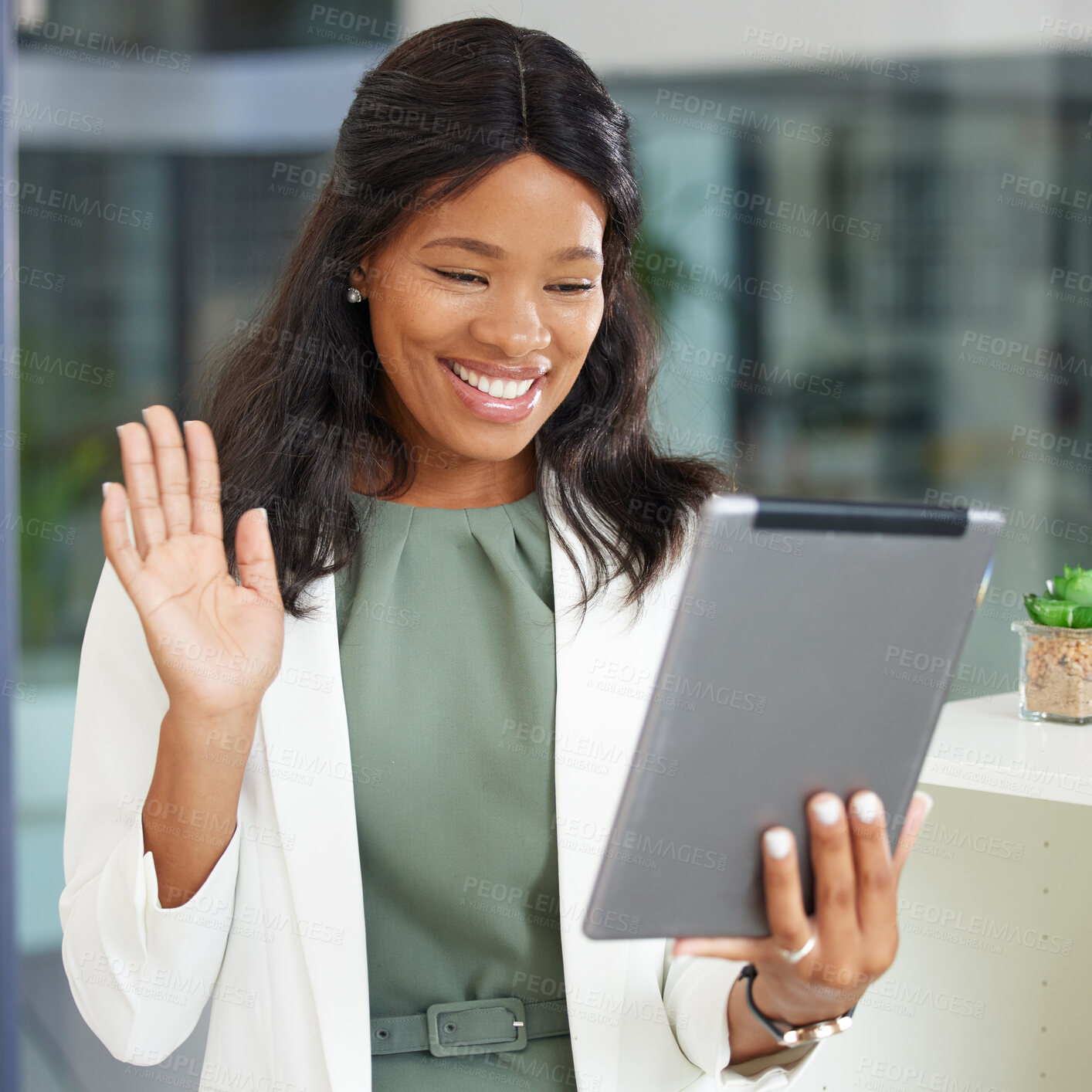 Buy stock photo Tablet, wave and video call with a business black woman at work in her office for an online meeting. Communication, networking and internet with a female employee waving during a wireless chat